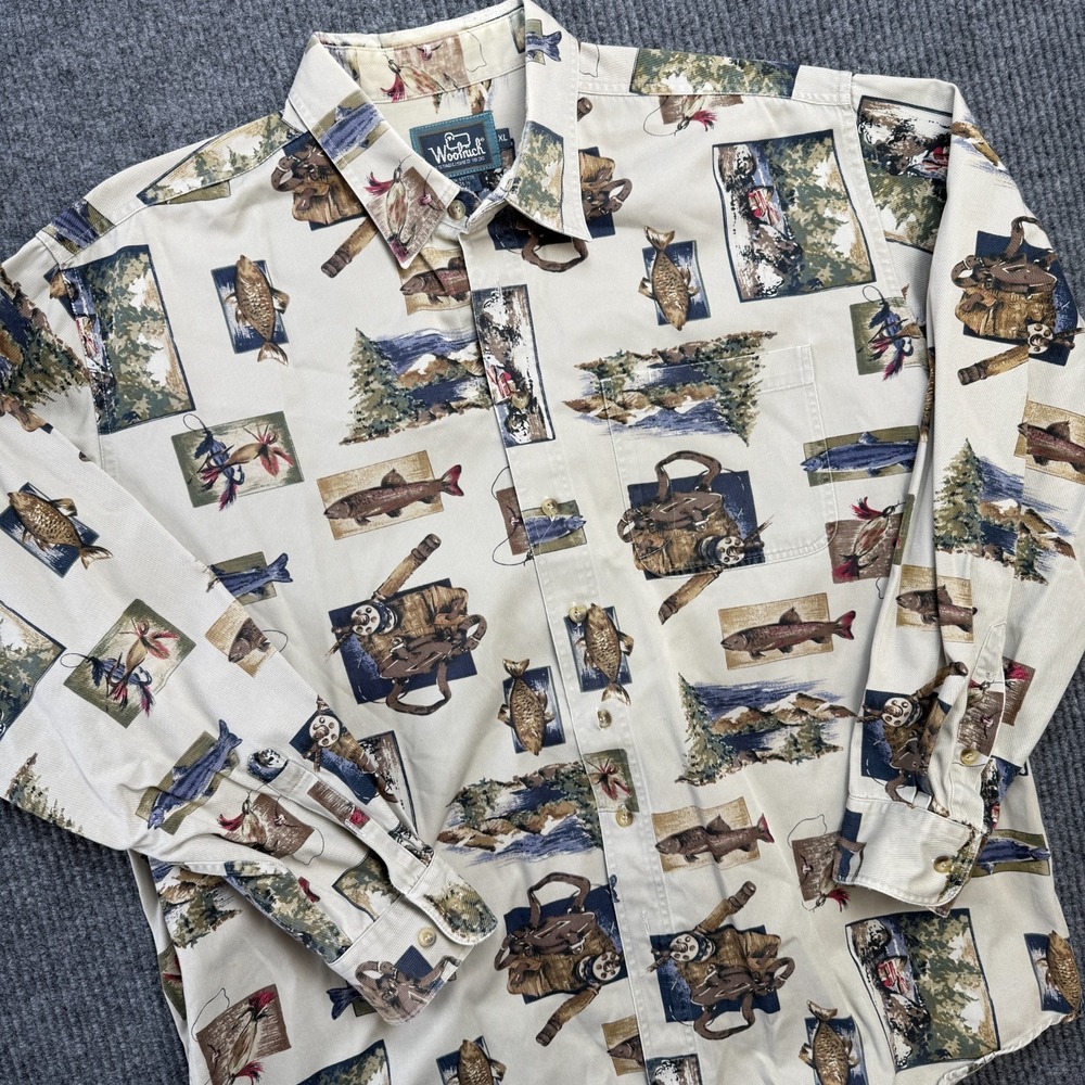 Vintage Woolrich Shirt Mens XL Beige Fly Fishing Outdoors Print Thick Twill 90s